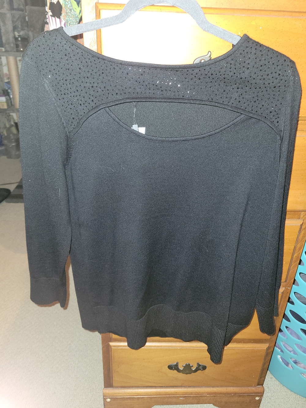 Cable & Gauge Black Crewneck Sweater with Eyelet Yoke